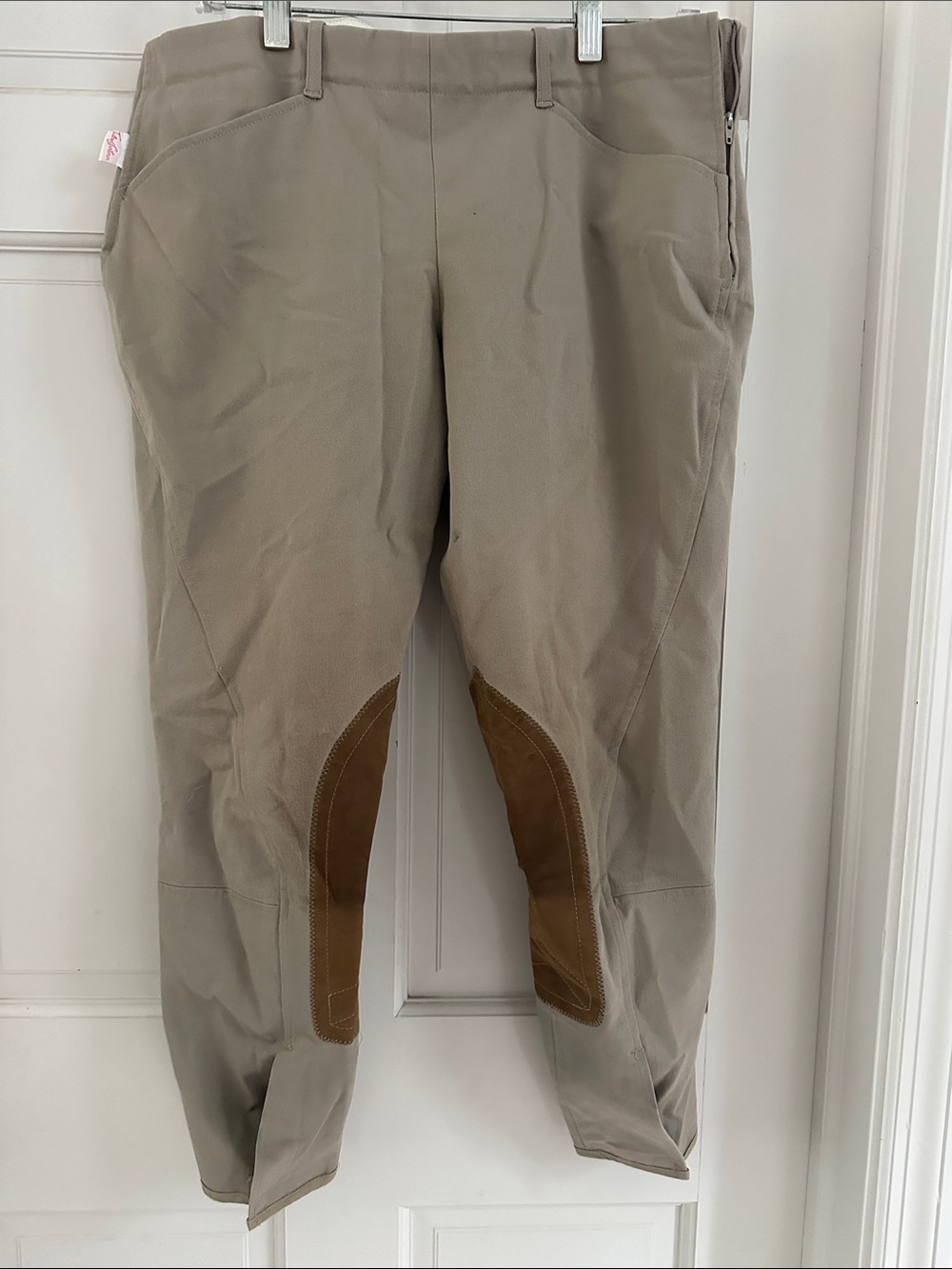 The Tailored Sportsman Taupe Riding Breeches with Brown Knee Patches women’s